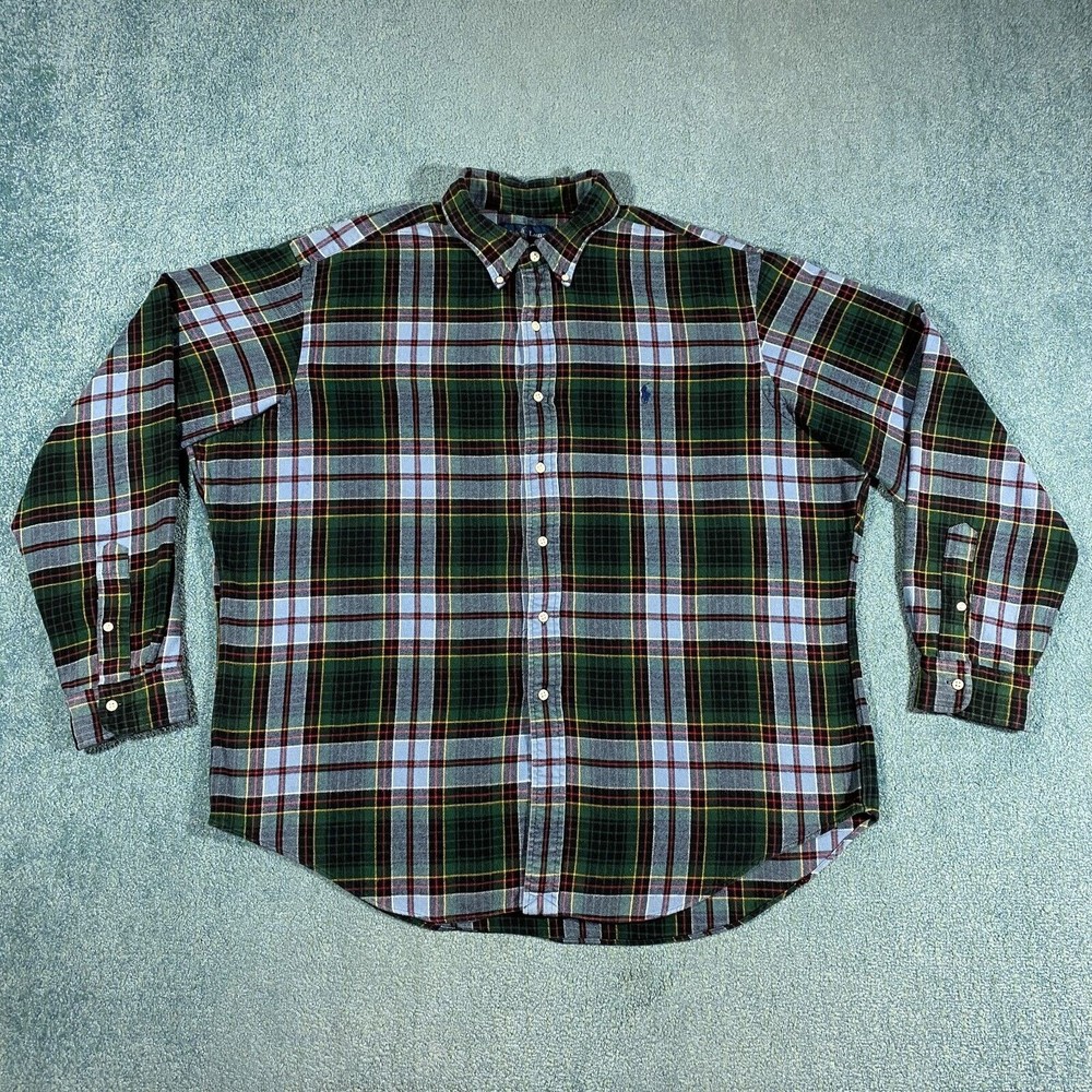 VINTAGE Polo Ralph Lauren Flannel Shirt Adult 2XL Plaid Green Blue RL Mens 90s